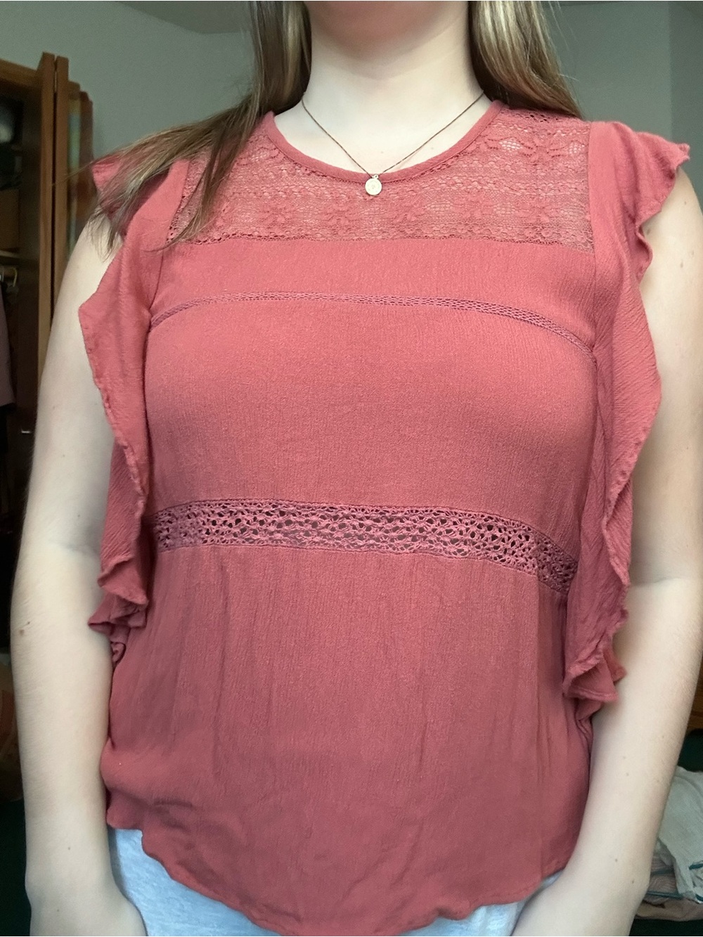 American Eagle Women’s  Lace-Trim Ruffle Sleeve Top - Dusty Rose size XS